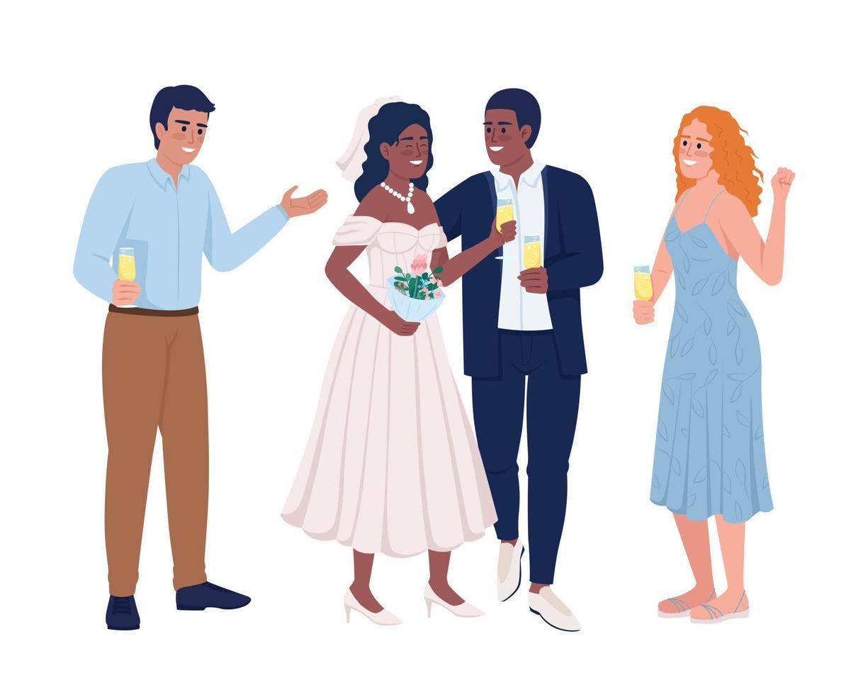 Smiling groom and bride with friends semi flat color vector characters. Editable figures. Full body people on white. Simple cartoon style illustration for web graphic design and animation