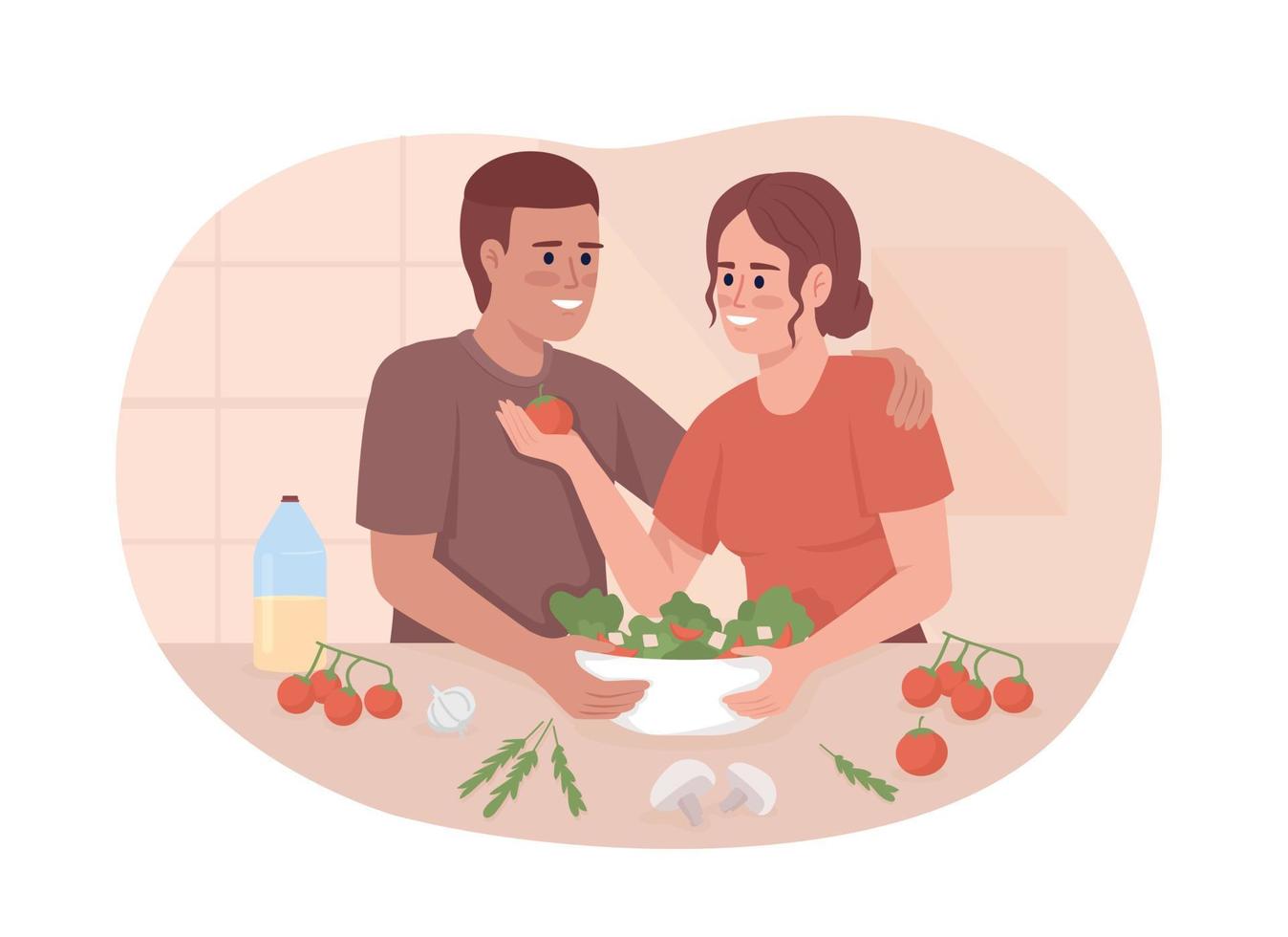 Joyful couple cooking together 2D vector isolated illustration. Happy moment in relationship flat characters on cartoon background. Colorful editable scene for mobile, website, presentation