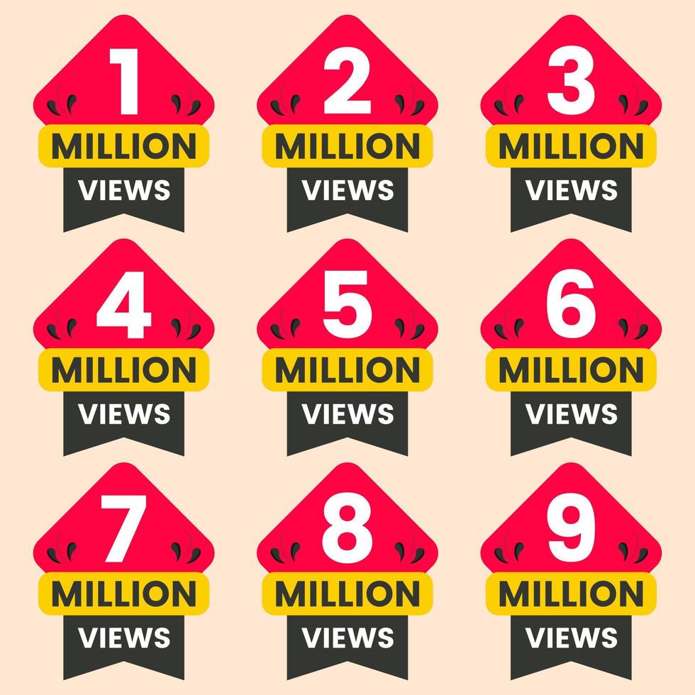 million views celebration background design banner 1m to 9m views label set vector