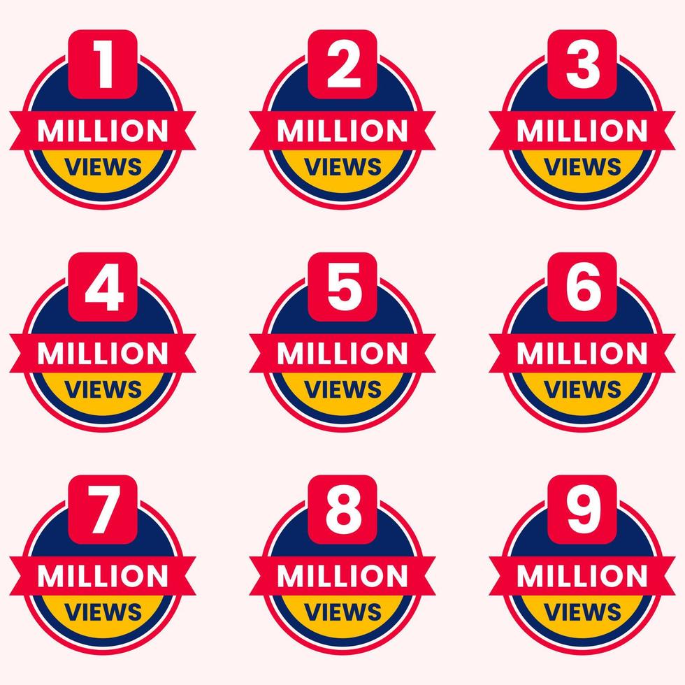 million views celebration background design banner 1m to 9m views label set vector