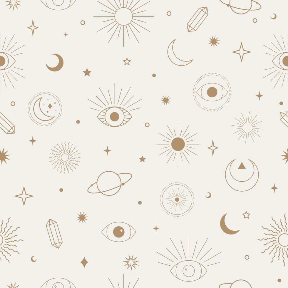 Vector magical seamless repeat pattern with constellations, sun, moon, magic eyes and stars