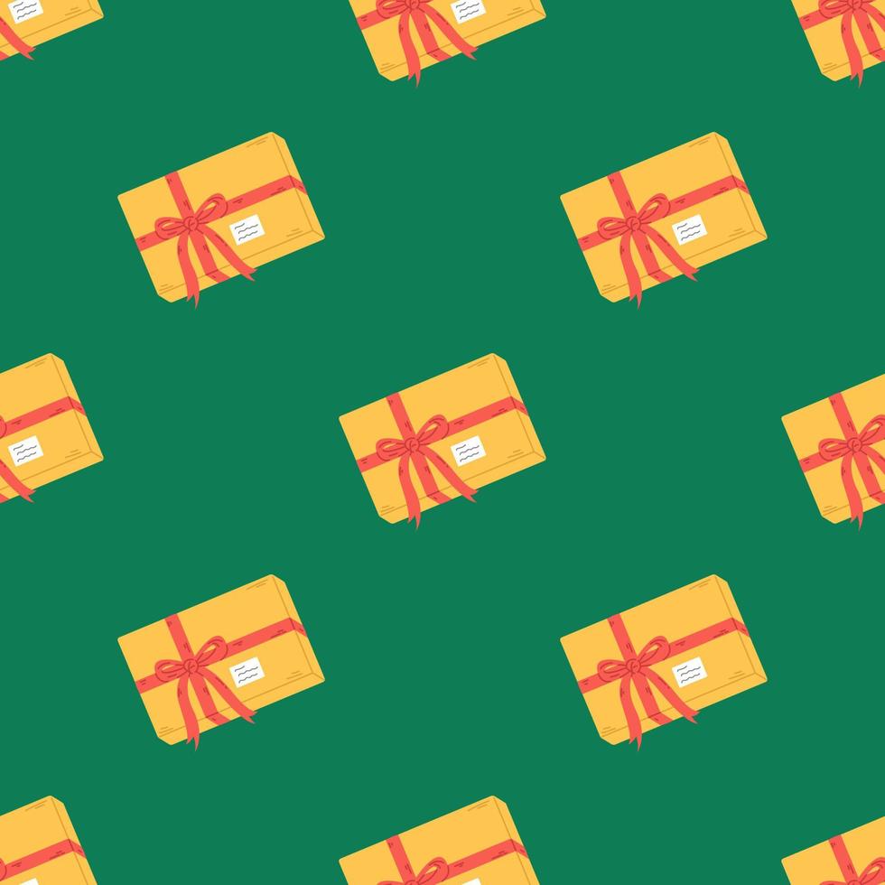 Vector seamless pattern with gift boxes. Yellow presents on green background. Cute gifts with red ribbon for Christmas, New Year, Birthday or other celebration.