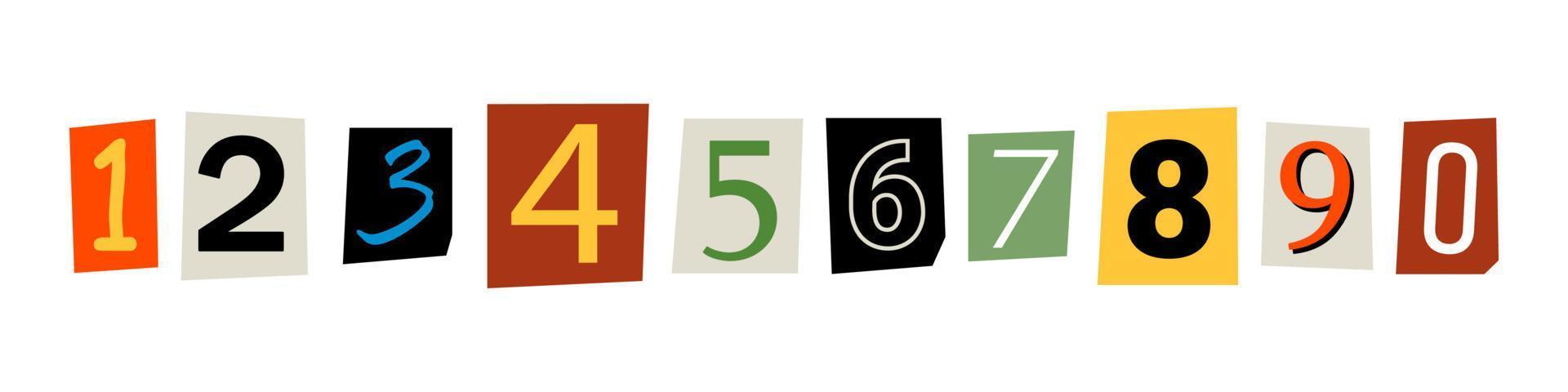 Vector ransom font. Numbers cutouts from newspaper or magazine. Criminal character set. Ransom colorful text. Numbers collection.