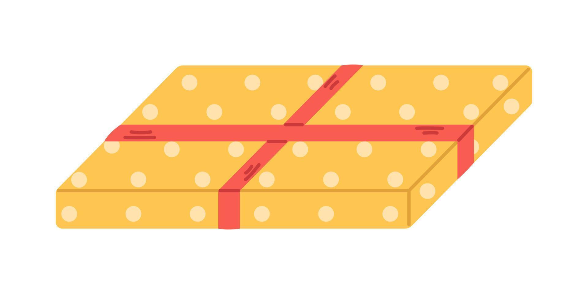 Vector spotted gift box. Yellow present with red ribbon. Polka dot gift for Christmas, Birthday or other celebration.