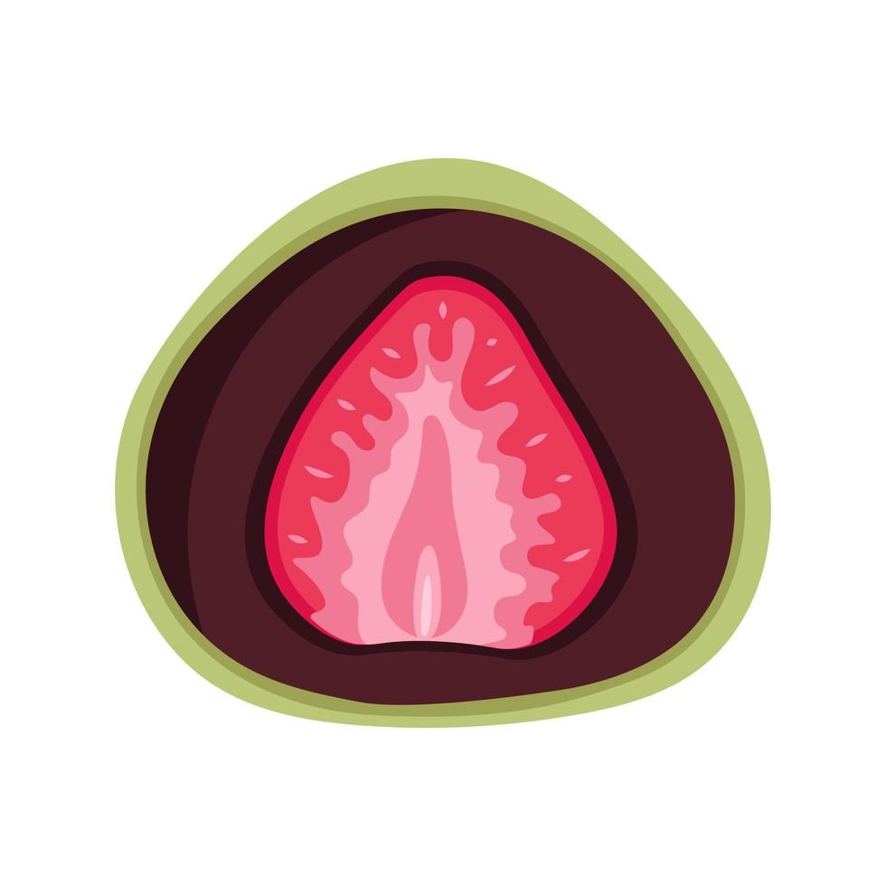 Vector green tea mochi with strawberry. Illustration of japanese traditional matcha dessert. Asian food.