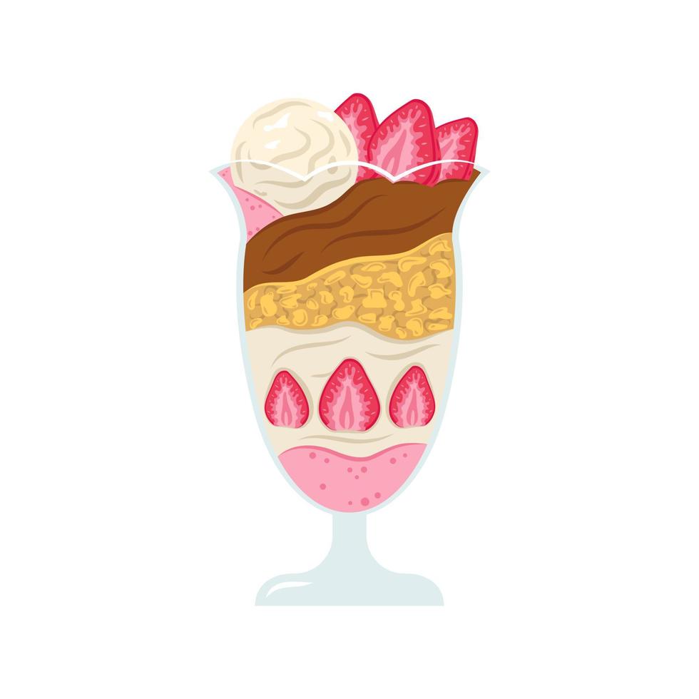 Vector japanese parfait with ice cream ball and strawberries. Japanese dessert. Asian food.