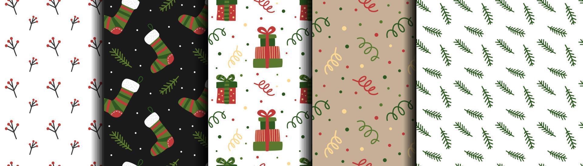 Set with christmas patterns. Patterns with christmas socks, fir branches, gifts, berries and confetti. Vector design for winter celebration.