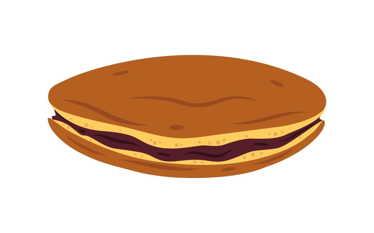 Vector japanese dorayaki pancake with brown azuki bean paste. Japanese traditional dessert. Asian food.