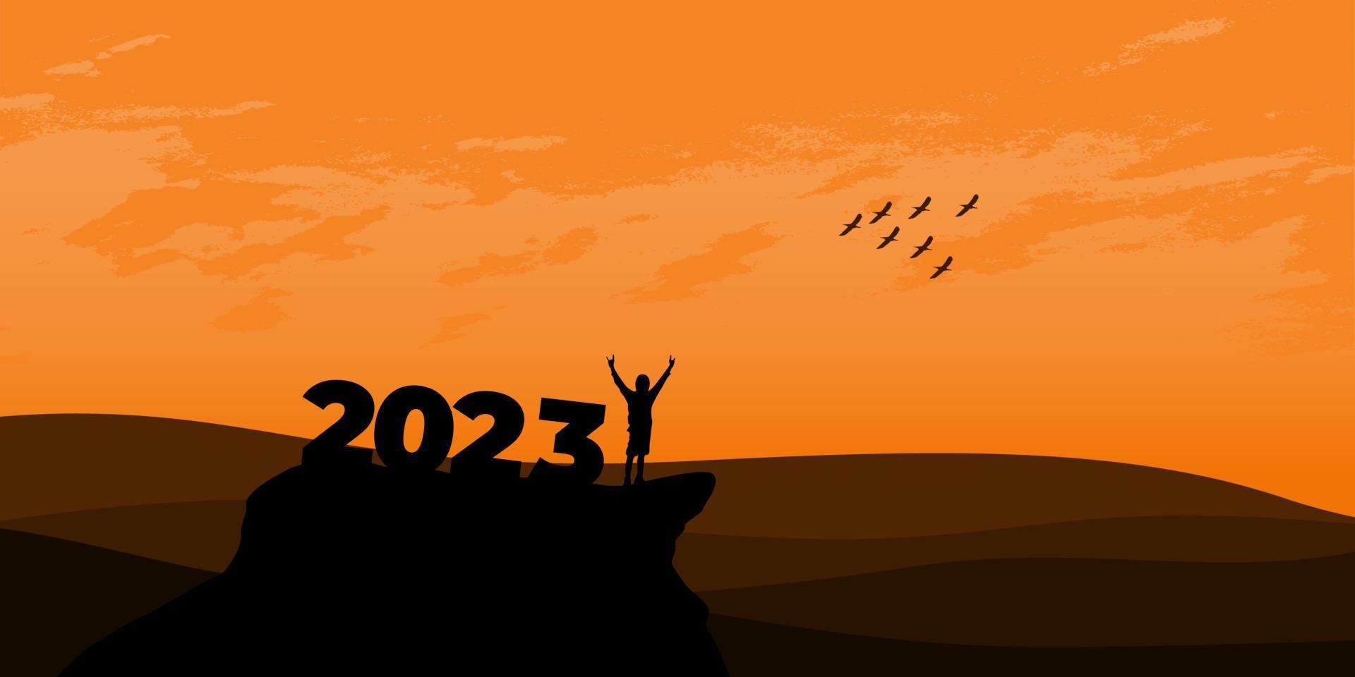 New Year 2023 concept. Man meets dawn in mountains for new year 2023. New Start motivation inspirational quote message on silhouette man vector