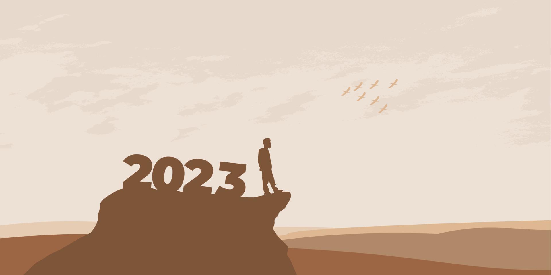 concepto de año nuevo 2023. el hombre se encuentra con el amanecer en las montañas para el nuevo año 2023. nueva motivación de comienzo mensaje de cita inspiradora en el hombre silueta vector