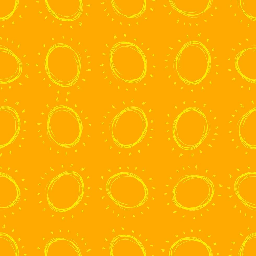 Hand drawn sun. Seamless pattern of simple sketch sun's. Solar symbol. Yellow doodle isolated on yellow background. Vector illustration.