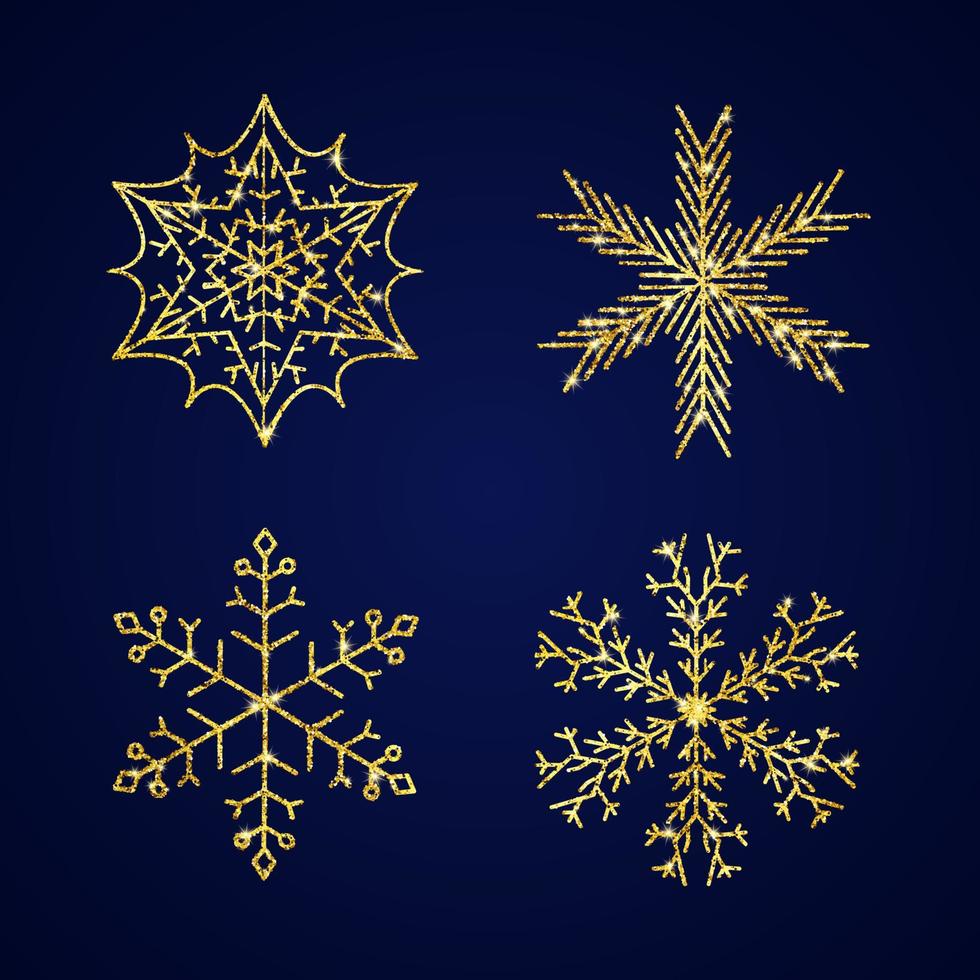 Gold glitter snowflakes. Set of four gold glitter snowflakes on blue background. Christmas and New Year decoration elements. Vector illustration.
