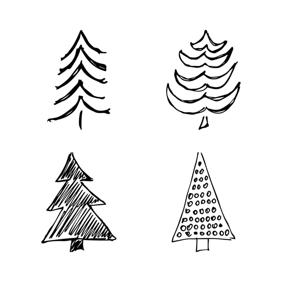Hand drawn Christmas trees. Set of four monochrome sketched illustrations of firs. Winter holiday doodle elements. Vector illustration