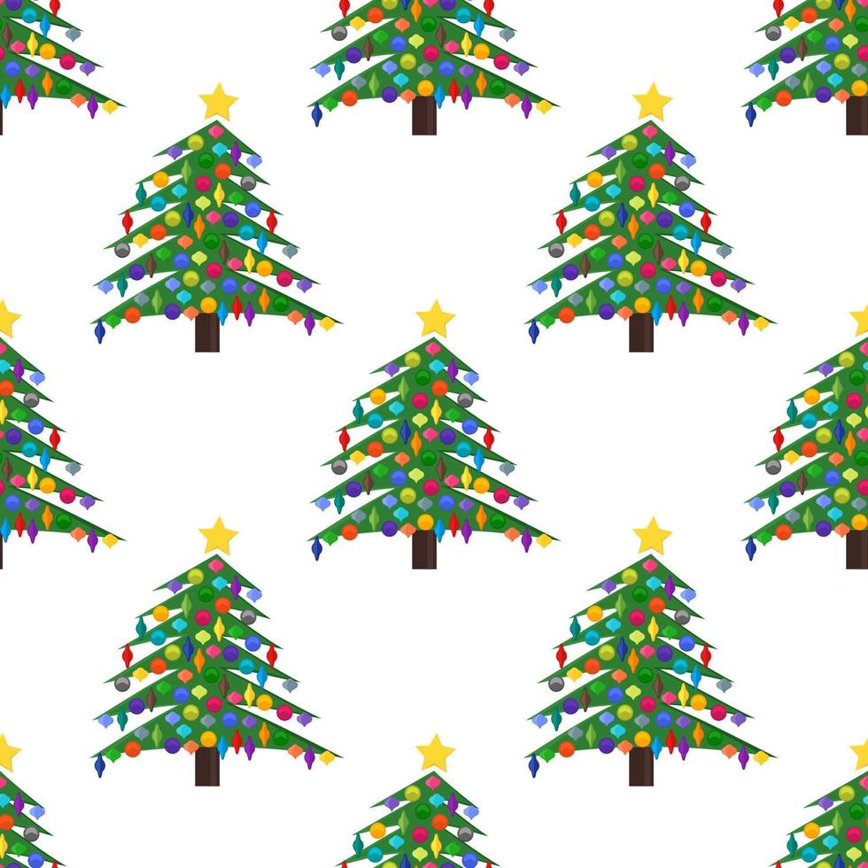 Seamless pattern with Christmas tree with Christmas balls and a star on the top. Vector illustration.