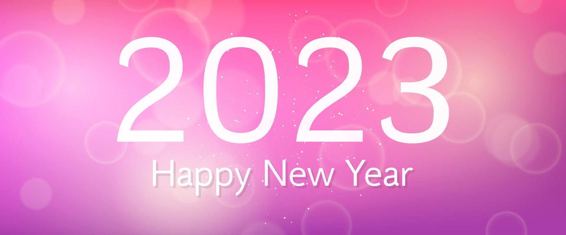 Happy new year 2023 incription on blurred background. White numbers on backdrop with confetti, bokeh and lens flare. Vector illustration