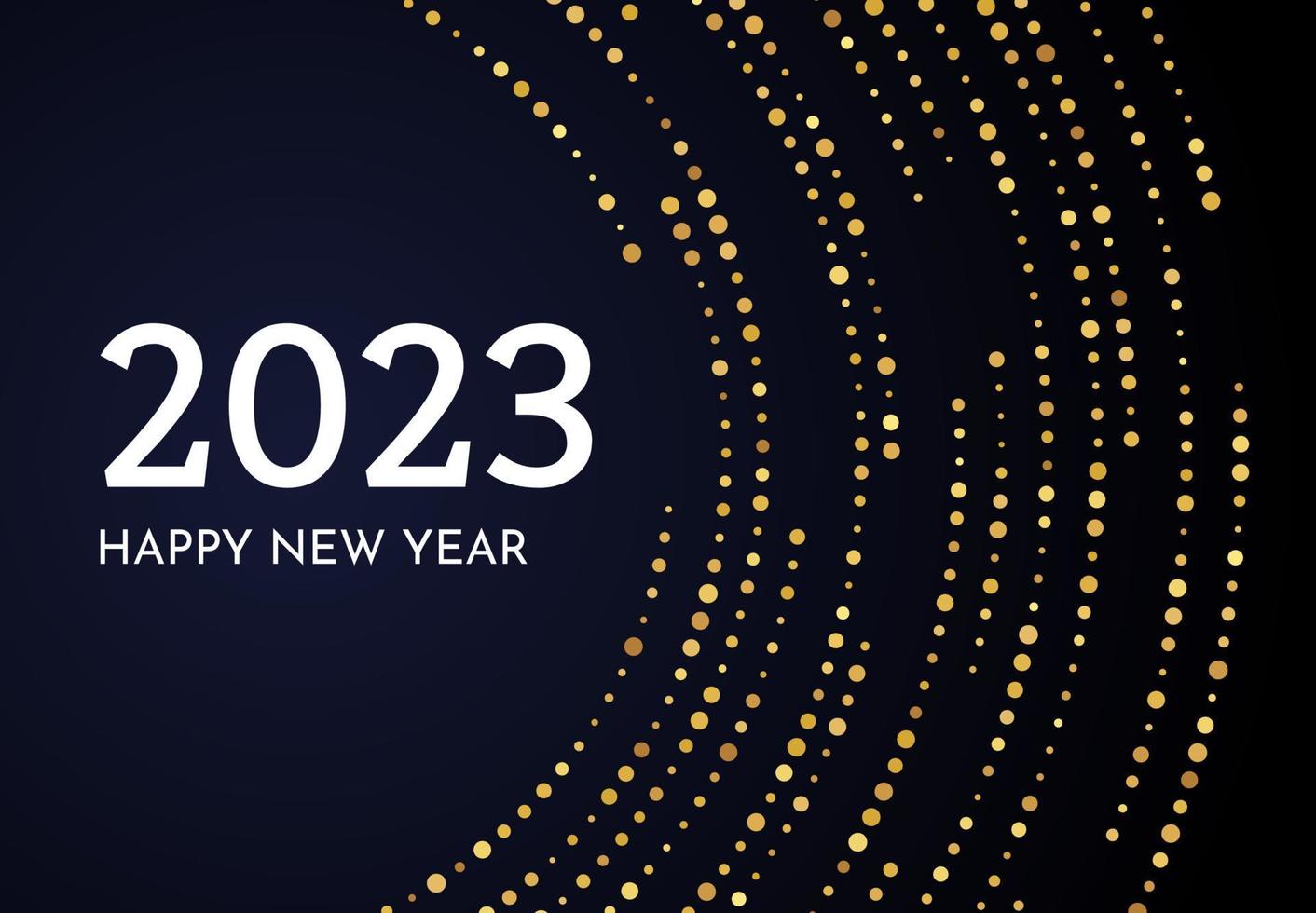 2023 Happy New Year of gold glitter pattern in circle form. Abstract gold glowing halftone dotted background for Christmas holiday greeting card on dark background. Vector illustration
