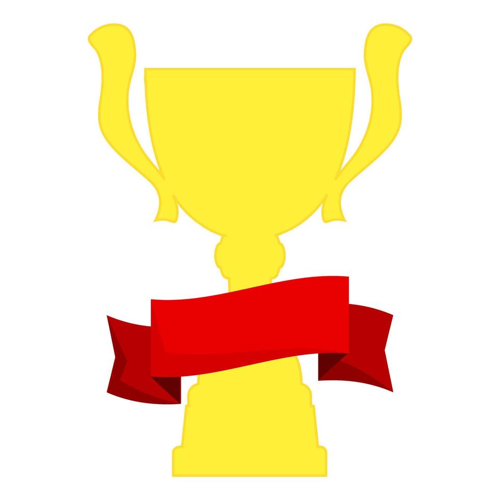 copa campeona en oro con cinta roja y ganador de la inscripción. premios de campeonato para el primer lugar. símbolos de victoria aislados sobre fondo blanco. vector
