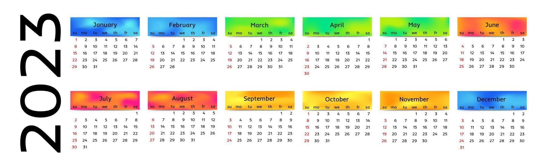 Horizontal calendar for 2023 isolated on a white background. Sunday to Monday, business template. Vector illustration