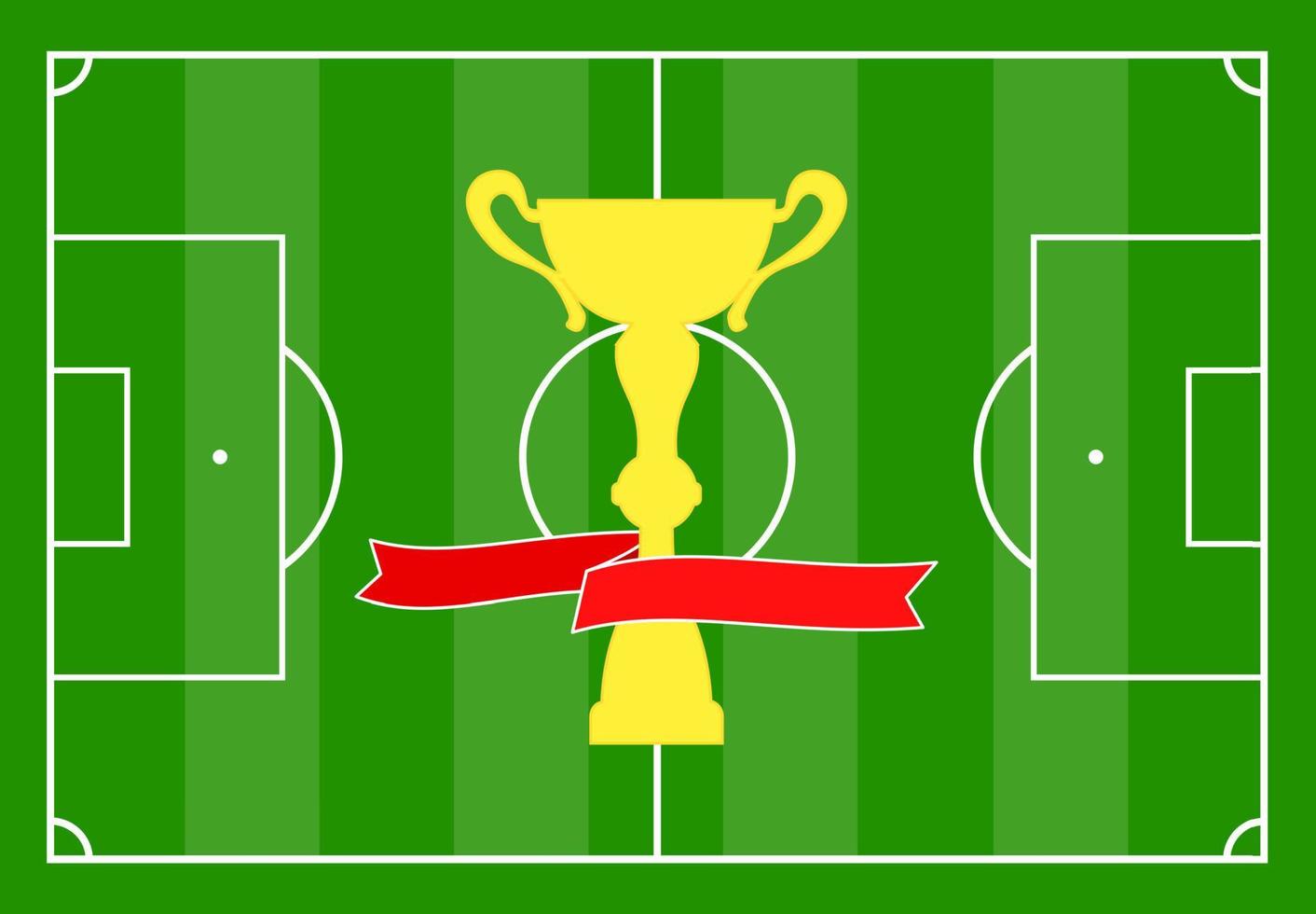 Football field with green grass and with a gold cup with a red ribbon. Vector illustration