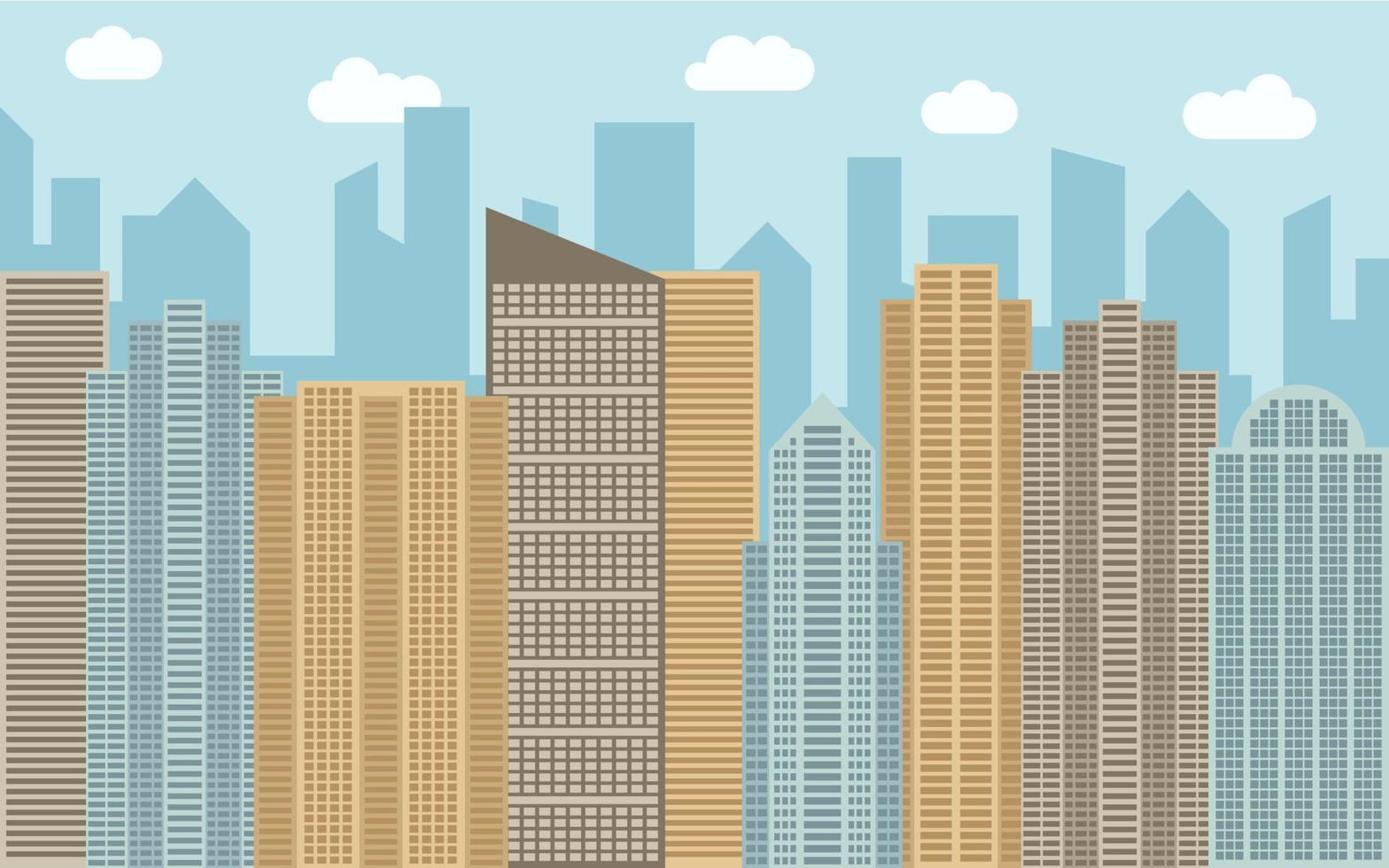 Vector urban landscape illustration. Street view with cityscape, skyscrapers and modern buildings at sunny day. City space in flat style background concept.