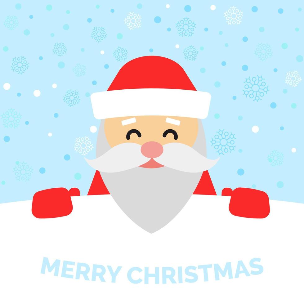 Greeting card with Santa Claus and falling snow. Merry Christmas background. Vector illustration