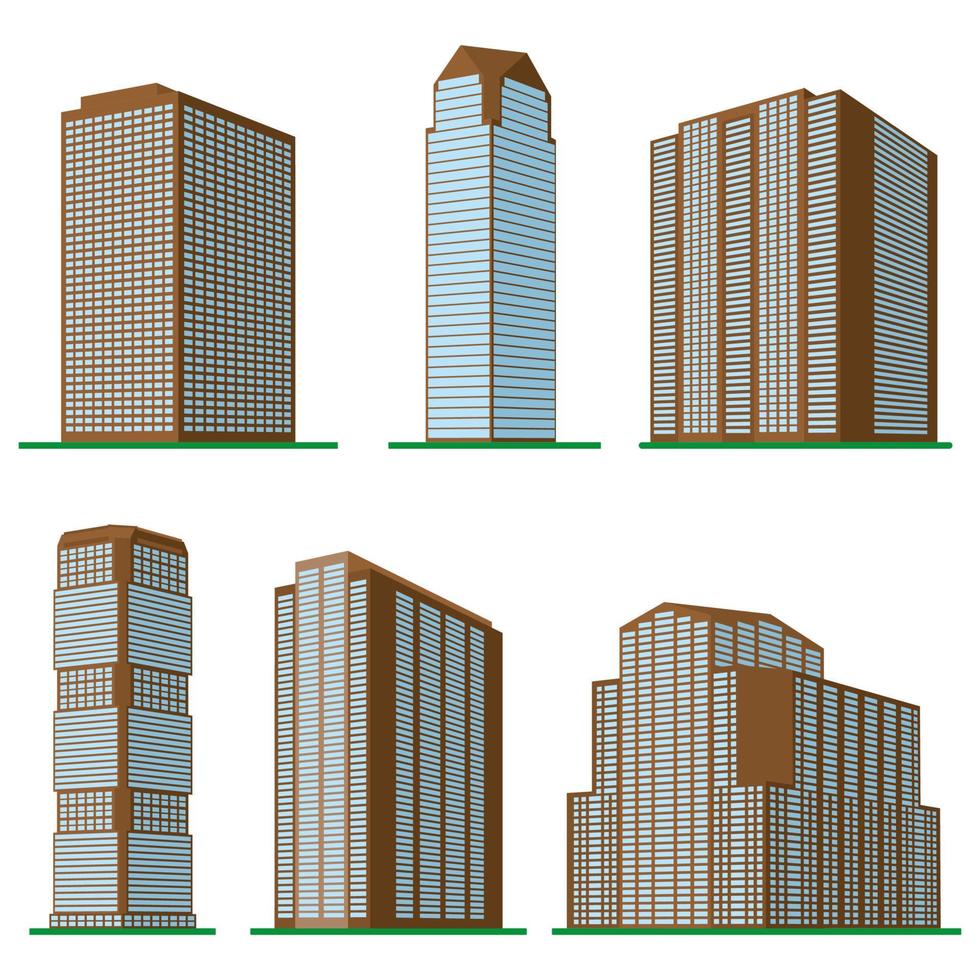 Set of six modern high-rise building on a white background. View of the building from the bottom. Isometric vector illustration.