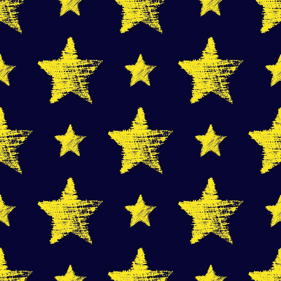 Seamless Pattern with hand drawn yellow Stars on blue background. Abstract grunge texture. Vector illustration