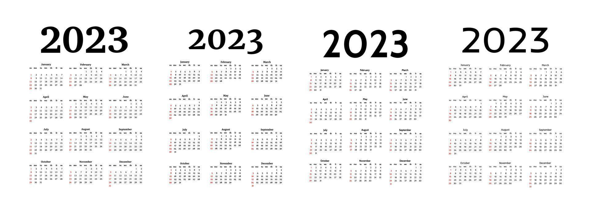 Set of four vertical calendars for 2023 isolated on a white background. Sunday to Monday, business template. Vector illustration