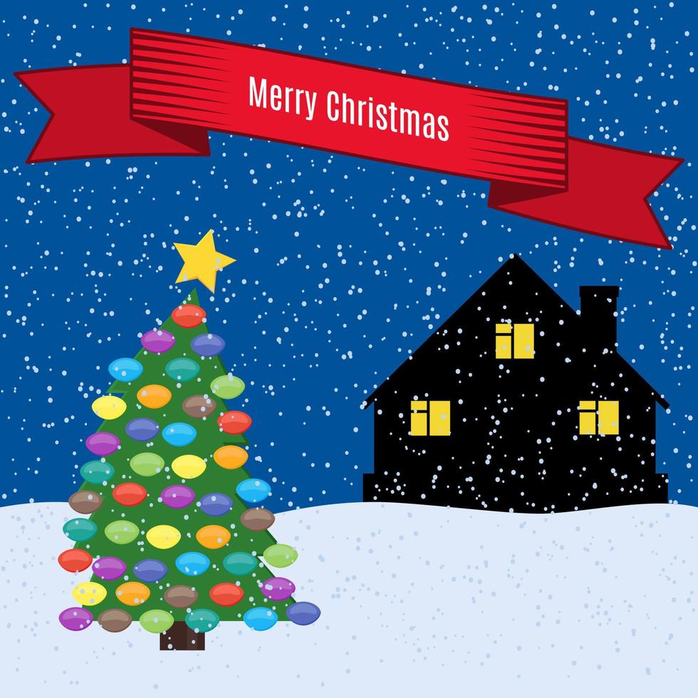 Christmas tree with colorful toys on the background of the lonely house and red ribbon with the inscriptions Merry Christmas. Vector illustration.