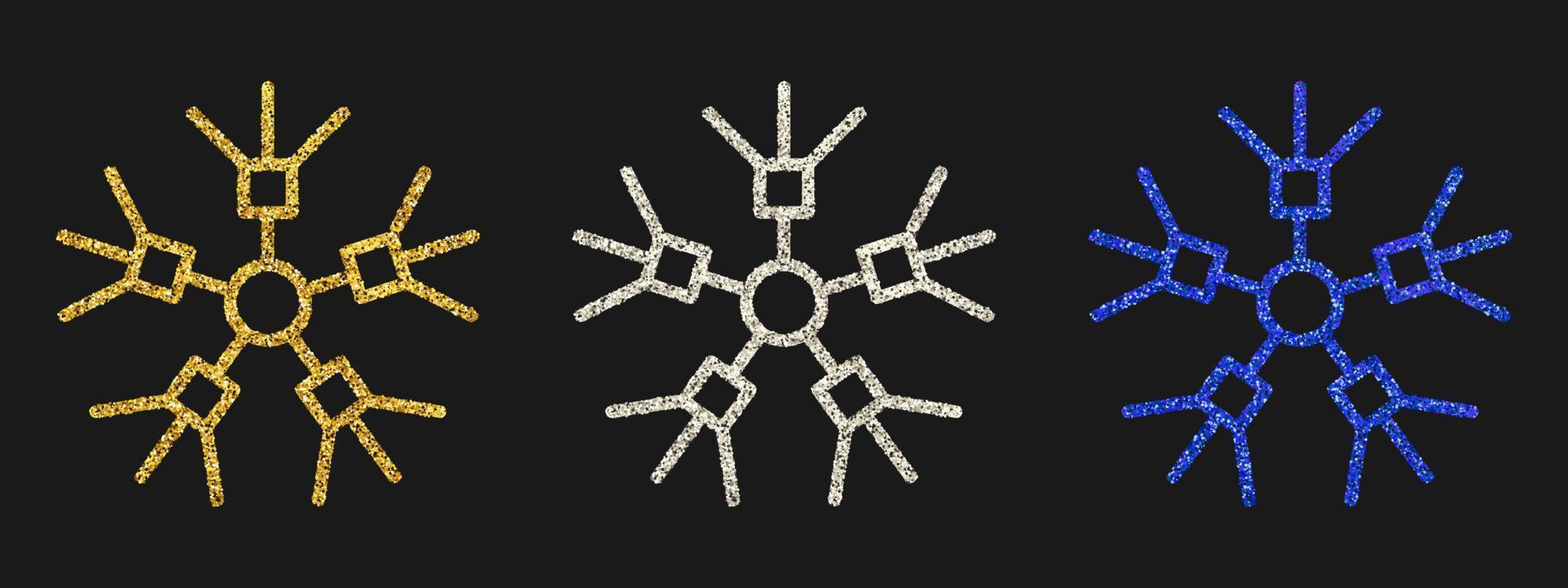 Glitter snowflakes on dark background. Set of three gold, silver and blue glitter snowflakes. Christmas and New Year decoration elements. Vector illustration.