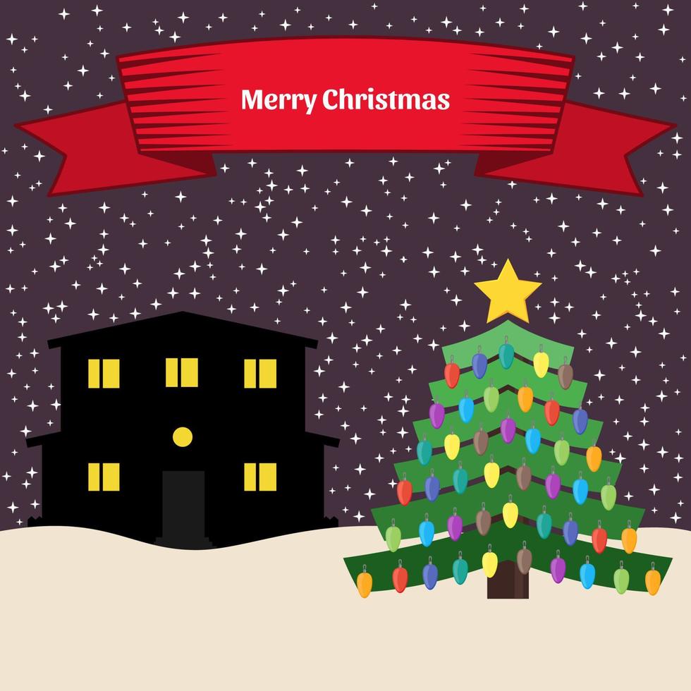 Christmas tree with colorful toys on the background of the lonely house and red ribbon with the inscriptions Merry Christmas. Vector illustration.