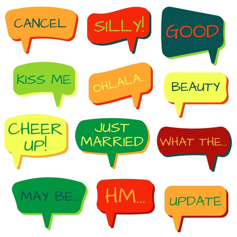 Set of speech bubbles on a white background with different inscriptions in the middle. Speech bubbles with short phrases. Vector illustration.