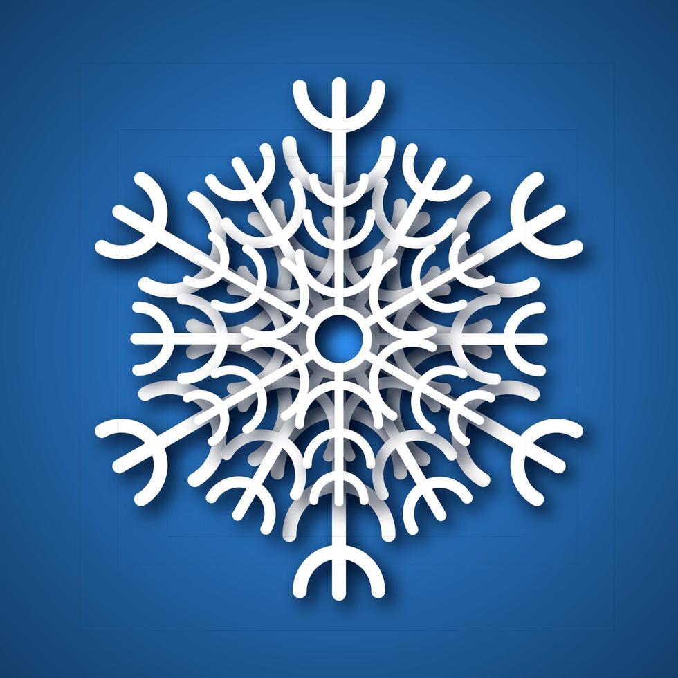 Paper cut snowflake. White snowflake on blue background. Christmas and New Year decoration elements. Vector illustration