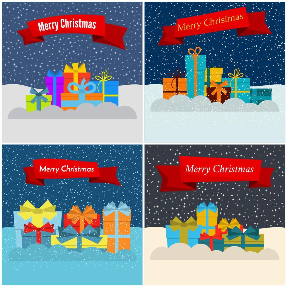 Set of four vector illustration with gift boxes on snow and red ribbons with the inscription Happy Christmas.
