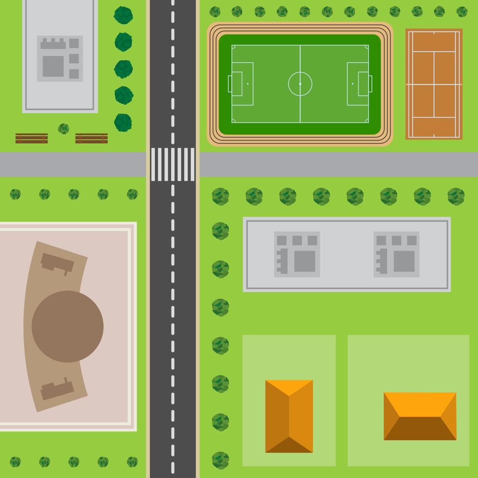 Plan Of City. Top view of the city with the road, high-rise buildings, trees, shrubs, concert hall, stadium and tennis court. vector