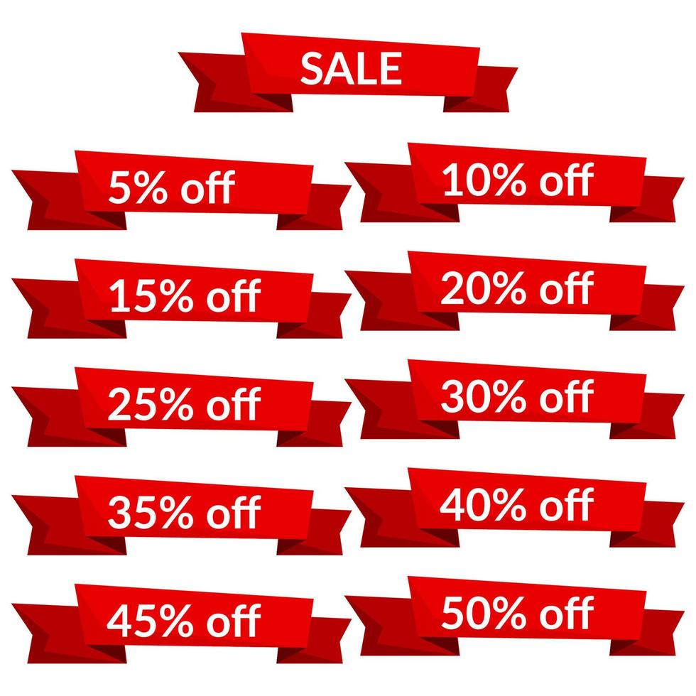 Set of red sale ribbons with different discount values. Sale label template. Vector illustration