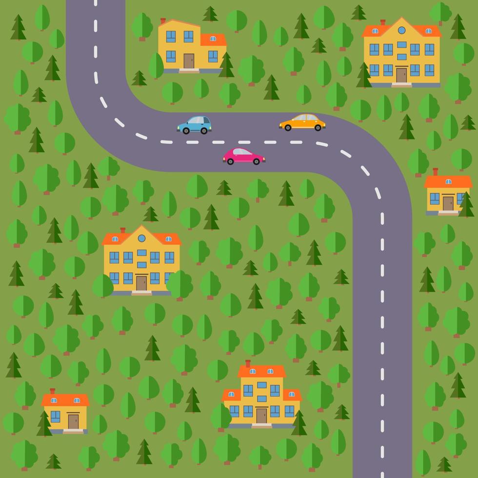 Plan of village. Landscape with the road, forest, lake, cars and houses. Vector illustration