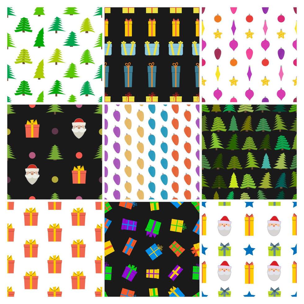 Set of nine Christmas Seamless Patterns with icons in flat style. Vector illustration