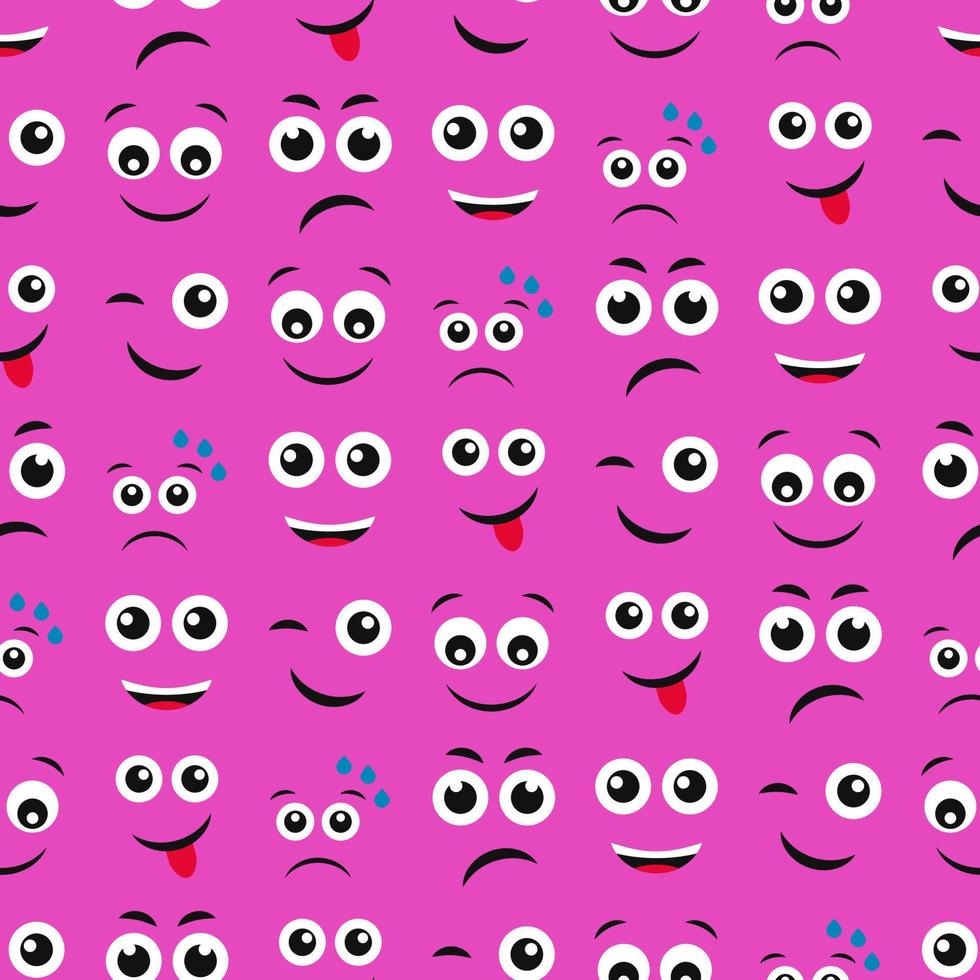 Cartoon faces with emotions. Seamless pattern with different emoticons on purple background. Vector illustration