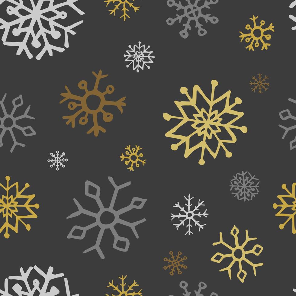 Seamless background of hand drawn snowflakes. Snowflakes on dark background. Christmas and New Year decoration elements. Vector illustration.