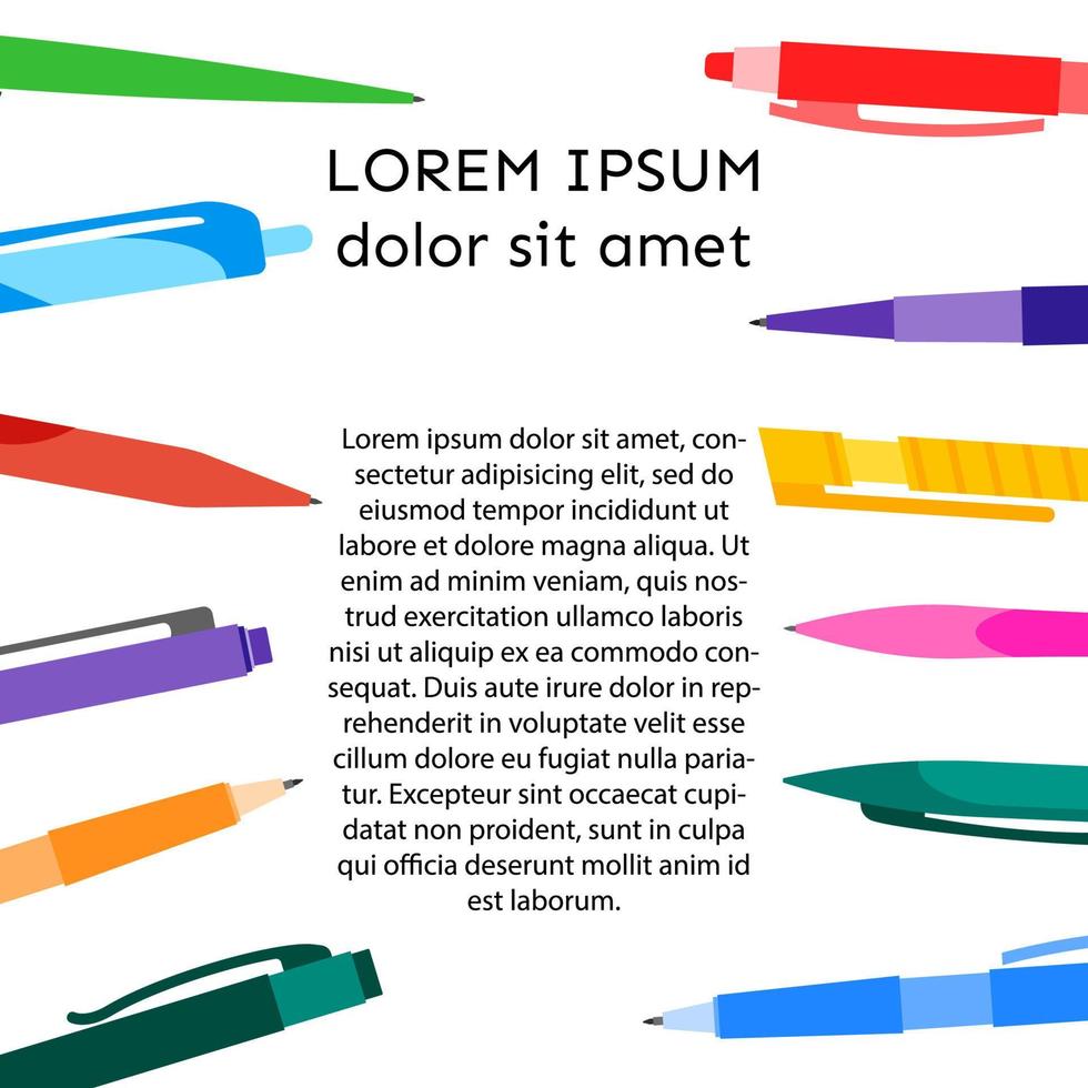 Background with pens and pencils and place for your text. Vector illustration.