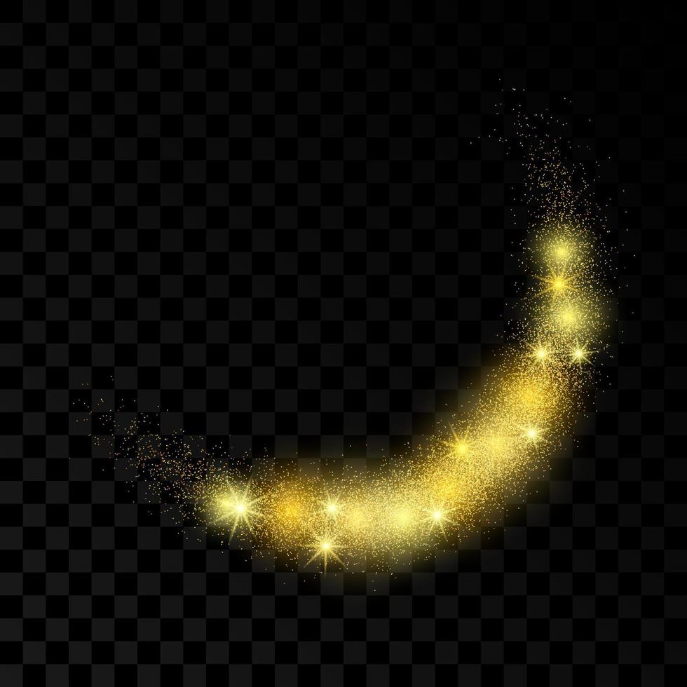 Light wave with gold glitter effect on a dark transparent background. Abstract swirl lines. Vector illustration