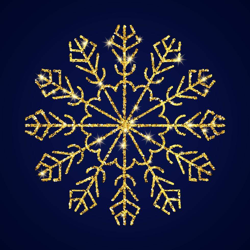 Gold glitter snowflake on dark blue background. Christmas and New Year decoration elements. Vector illustration.