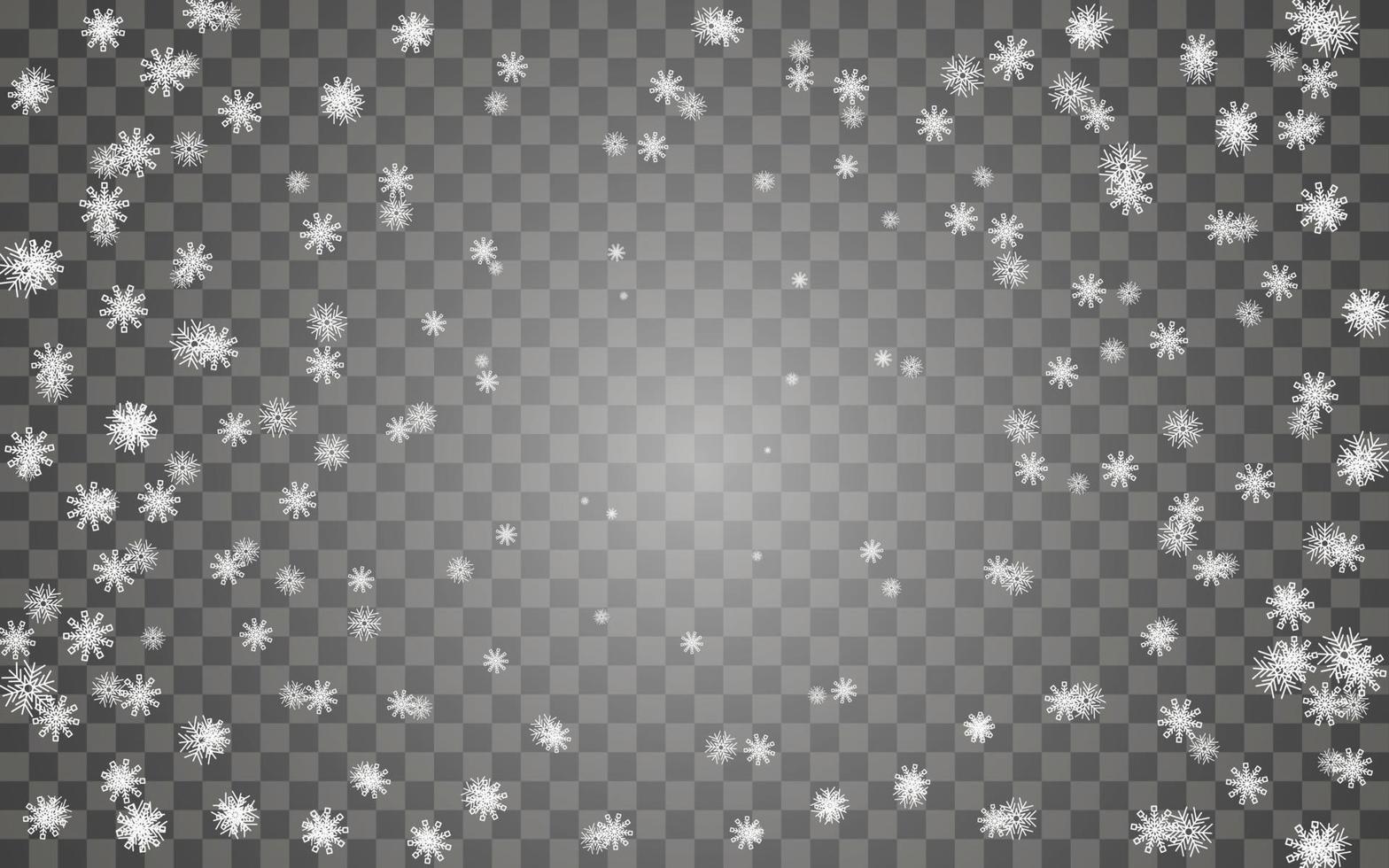 Snowfall and falling snowflakes on dark transparent background. White snowflakes and Christmas snow. Vector illustration