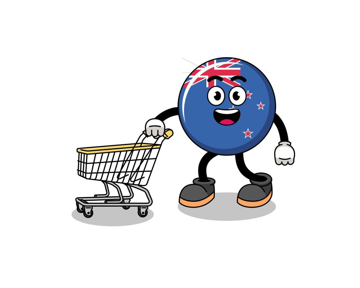 caricatura de la bandera de nueva zelanda sosteniendo un carrito de compras vector