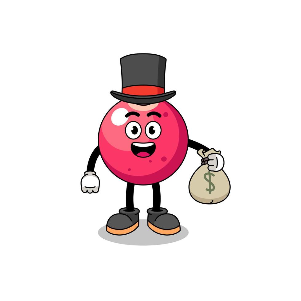 ilustración de mascota de arándano hombre rico sosteniendo un saco de dinero vector