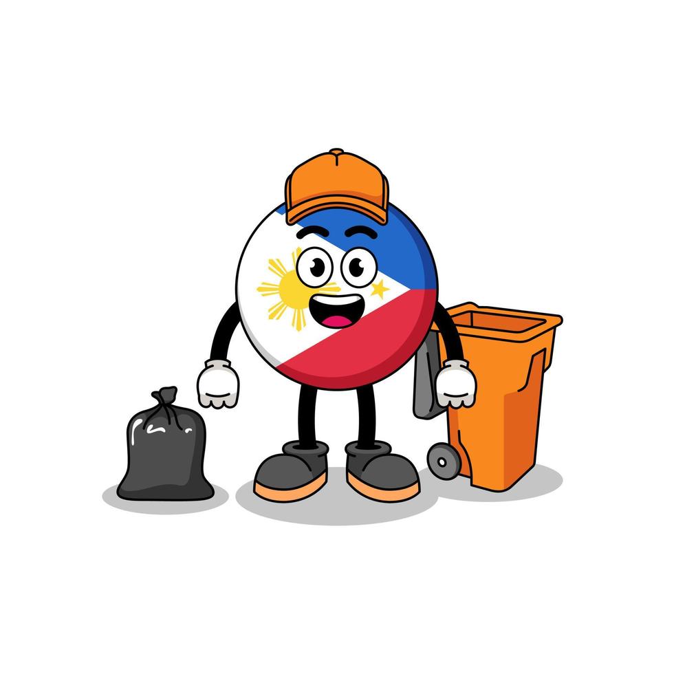 ilustración de la caricatura de la bandera de filipinas como recolector de basura vector