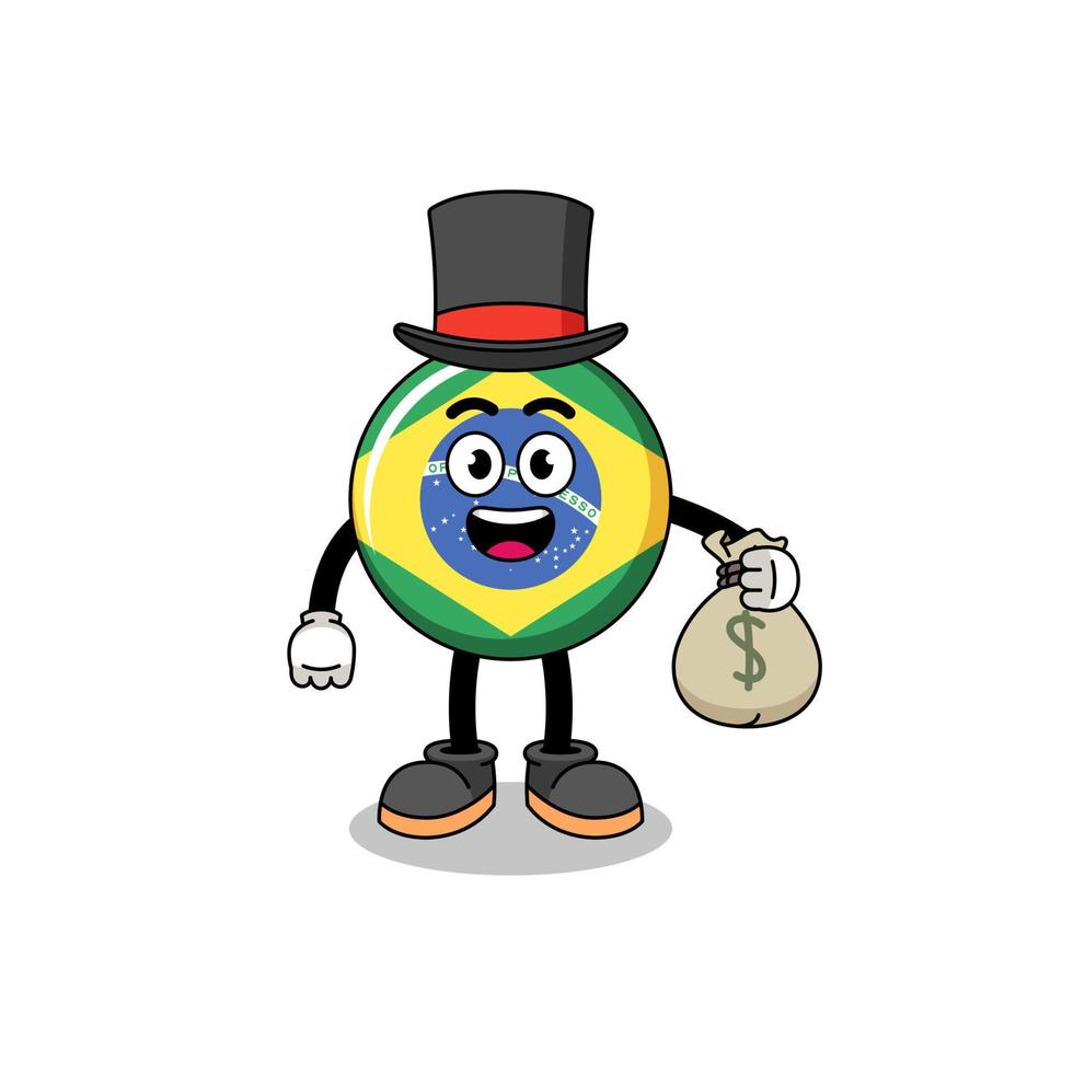 ilustración de mascota de bandera de brasil hombre rico sosteniendo un saco de dinero vector