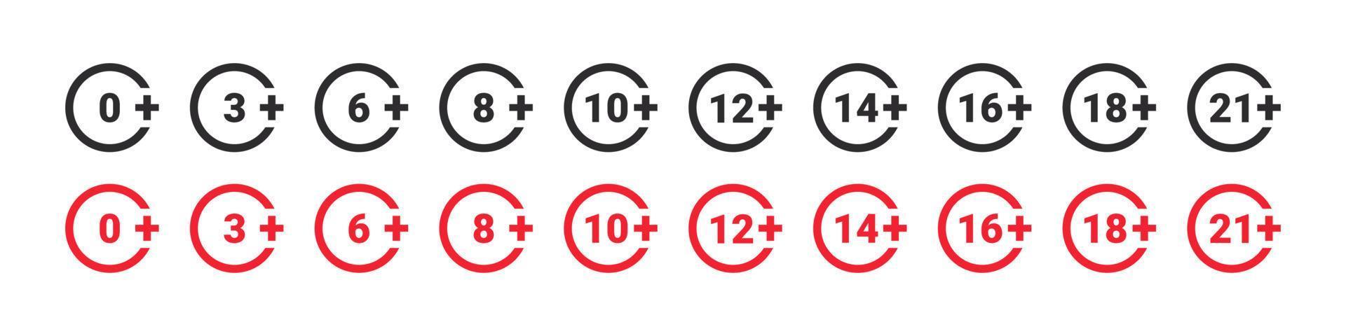 Age restriction signs. Mark age limit. Recommended age limit. Vector icons