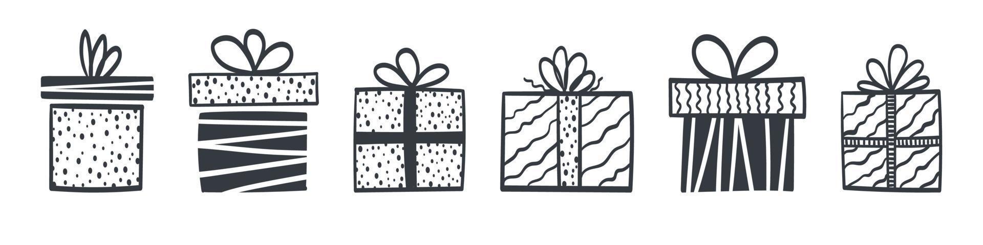 Gift boxes. Set hand drawn gift boxes icons with different textures. Vector illustration